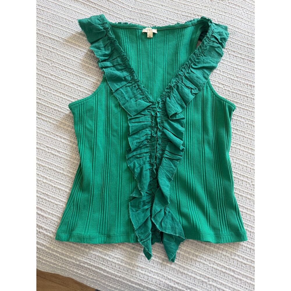Pilcro Ribbed Ruffle V-Neck Tank Raw Edge Frills Kelly Green L 💚